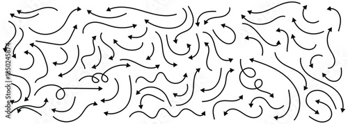 Simple collection of hand sketched thin line doodle arrows. Black doodle arrows in different styles, highlighting. Isolated on white background.