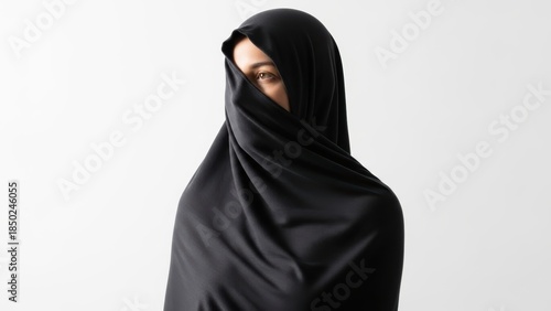 A portrait of a woman wearing a black head covering, with only one eye visible.