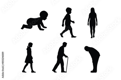 Silhouettes of people at different life stages: baby, child, adult, elderly.