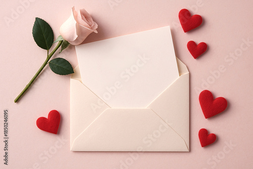 Envelope with a greeting card on a soft pastel romantic background decorated with hearts and a beautiful rose. Perfect for messages on  Valentine’s Day and weddings,  copy space.