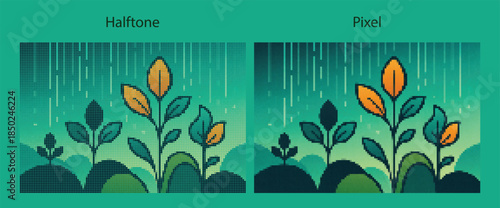 Digital rainfall nurturing abstract plant forms, halftone futuristic poster graphic.