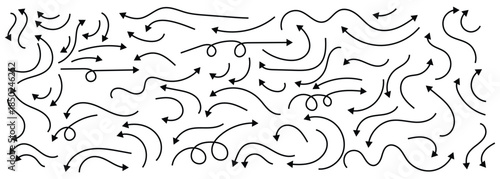 Collection of hand drawn doodle arrows with curved lines. Black thin line arrows indicating different direction. Doodle arrows isolated on white background.