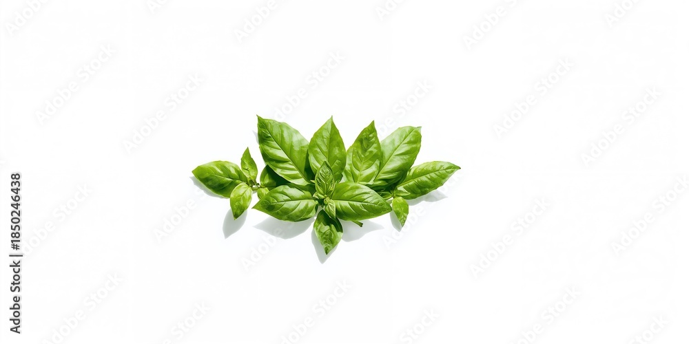 Obraz premium Green basil leaves on a white background, suitable for food preparation and herbal layout backgrounds