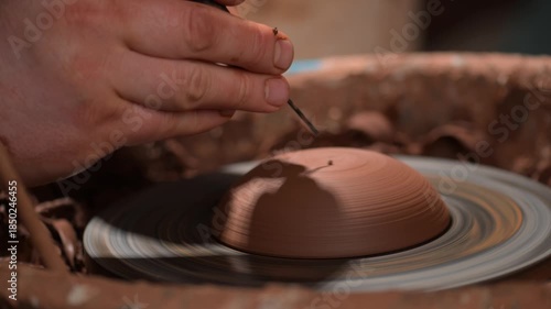 Potter trimming clay pot lid on pottery wheel close-up