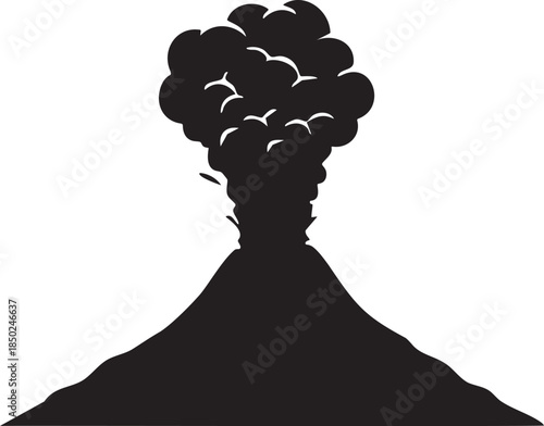 Black silhouette of a volcano erupting with smoke and ash clouds eruption