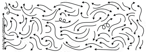 Collection of hand drawn thin doodle arrows with curved lines for different direction, symbols and design elements. Isolated on white background.