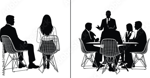 Business meeting silhouettes of people in chairs around a table and two people facing each other Keywords: business, meeting