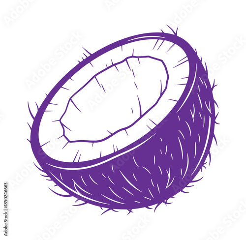 Vector illustration of a halved coconut fruit in a minimalist purple style