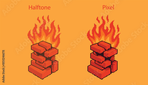 Burning Fire on Brick Stack in Halftone and Pixel Art Styles