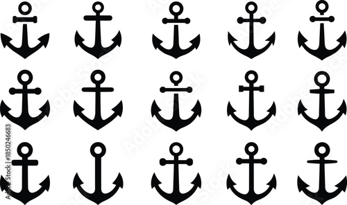 Fifteen Black Silhouette Anchor Icons Pattern Collection Isolated on White Background for Nautical Design and Stability Concept