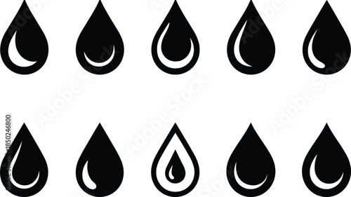Essential Water Drop Icons Vector Set: Collection of Black Silhouette Liquid Droplets Illustrating Purity and Hydration.