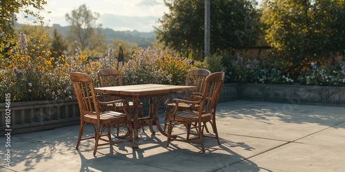 Sunlit wooden chairs set on...