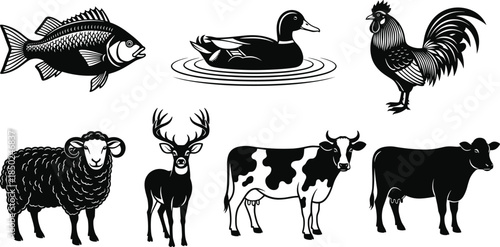 Black and white farm and wildlife animal illustration set featuring fish, duck, rooster, sheep, deer, cow, and bull, detailed rural nature silhouettes for graphic design
