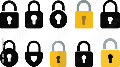 Ten Padlock Icons Set: Essential Minimalist Vector Symbols for Digital Security, Data Protection, and Safe Access Control Systems.