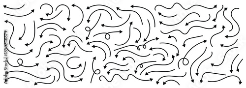 Curved line Doodle arrows set for different direction, symbols and design elements. Isolated on white background.