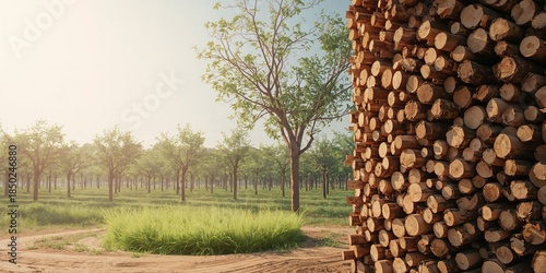 Stacked eucalyptus timber a...
