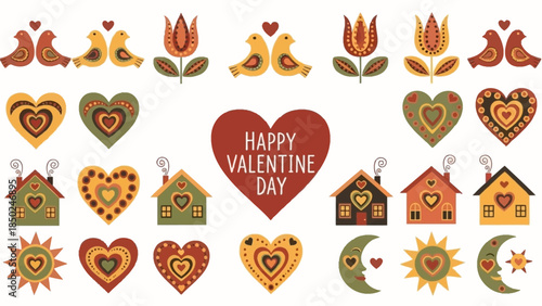Valentine's Day heart decorations with birds and houses