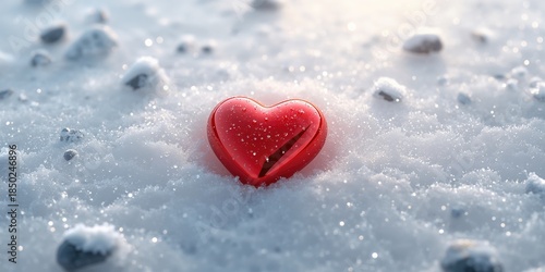 Snow-covered red heart serv...