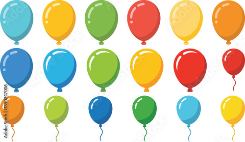 Large set of colorful vector party balloons with shine, perfect for festive decoration, birthday celebrations, and joyful events.