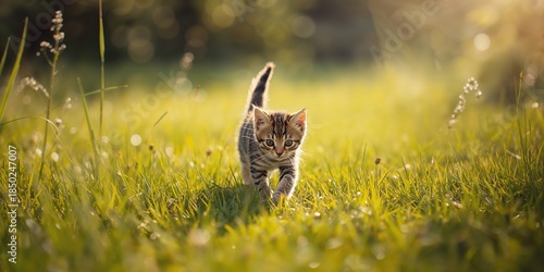 Striped kitten exploring lu...
