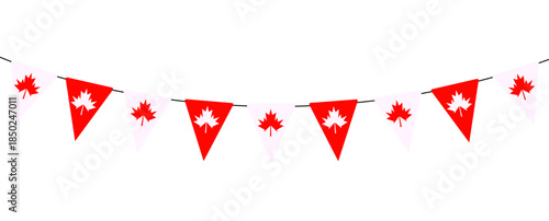 Red white triangle pennant flags with maple leaf string decoration inspired by Canada flag for Canada Day celebration outdoor party