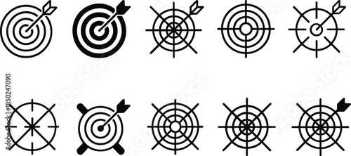 Precision and Success: Dynamic Set of 10 Target and Bullseye Icons with Arrows, Representing Focused Strategy, Achievement, and Marketing Goals