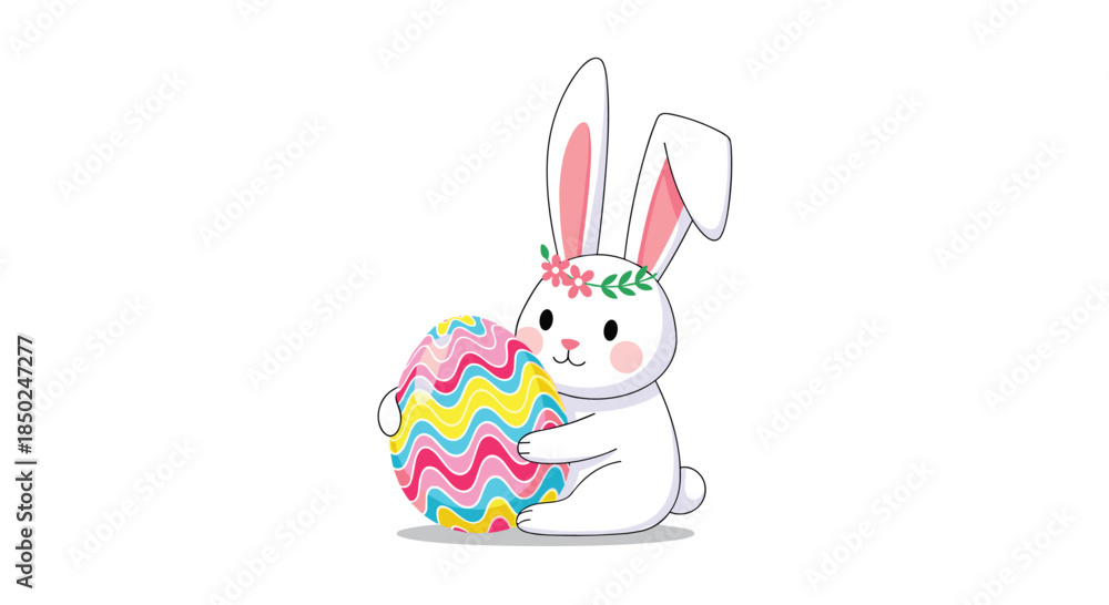 Fototapeta premium Easter bunny character wearing a pink flower crown and hugging a large colorful egg decorated with bright wavy lines and patterns.