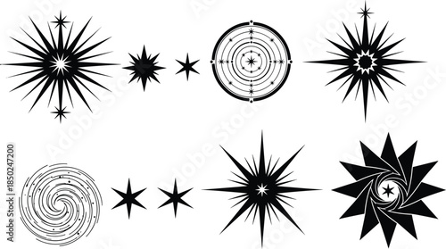 Abstract black starburst and celestial symbol collection featuring vintage sunburst, compass stars, cosmic spirals, and radiant shapes for retro, mystical, and graphic design projects