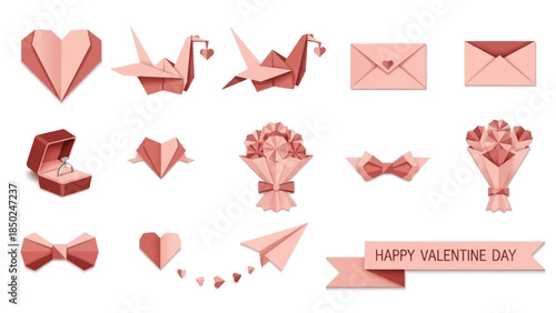 Valentine's Day origami set with hearts, gifts, and love letters