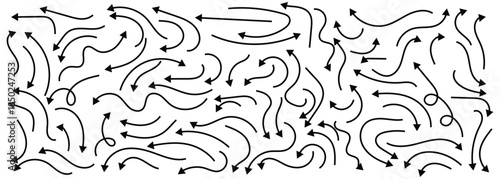 Curved line Doodle arrows set for different direction, symbols and design elements. Isolated on white background.