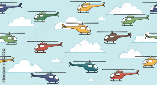 Seamless vector pattern showing various colorful helicopters flying among fluffy white clouds in a bright blue sky for children.