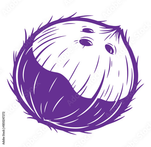 Vector illustration of a vibrant purple coconut with stylized lines and a white background