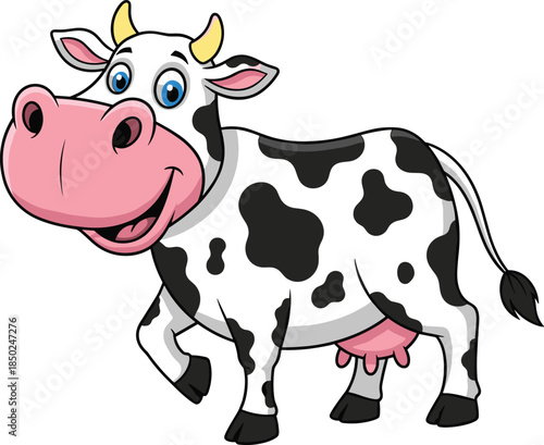 Cartoon Cow with Black and White Spots Smiling and Walking on White Background animal farm