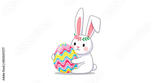 Easter bunny character wearing a pink flower crown and hugging a large colorful egg decorated with bright wavy lines and patterns.