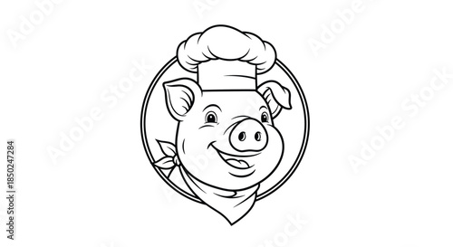 Black and white logo design of a happy pig chef wearing a tall toque and a neckerchief, enclosed in a simple circular frame.