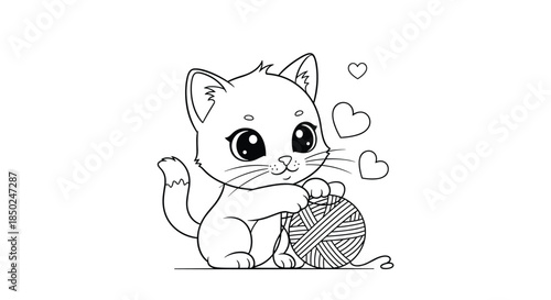 Simple line art coloring page of a small kitten playing with a ball of yarn, surrounded by little hearts for kids to color.