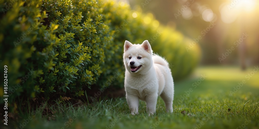 Obraz premium Cream-colored Shiba Inu puppy in a lush green setting, highlighting summer daytime activity and pet care