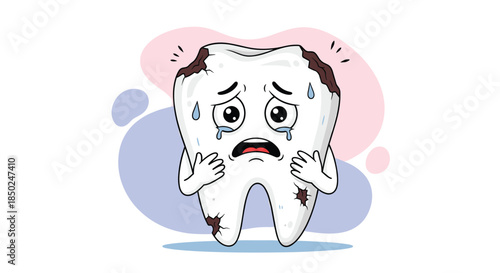 Sad cartoon tooth character crying with visible dental cavities and decay spots needs urgent medical treatment from a professional dentist.