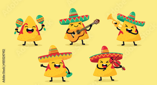 Fun set of Mexican nacho chip characters wearing sombreros and playing various musical instruments in a mariachi band style.