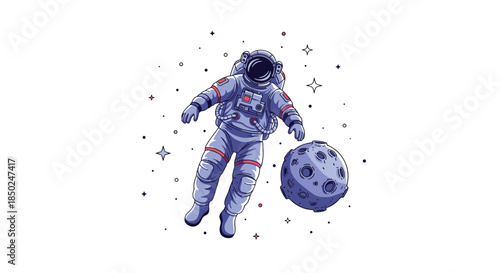 Brave astronaut floating in deep outer space near a small cratered planet surrounded by distant twinkling stars and cosmic nebulas.