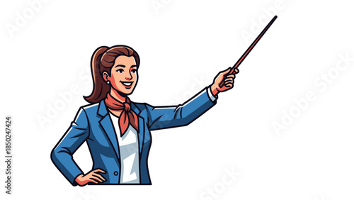 Woman in blue blazer pointing with a thin rod