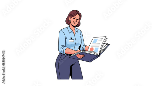 Woman in blue shirt and pants holding an open book