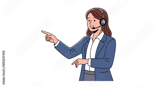 Woman in blue suit and headset pointing with finger