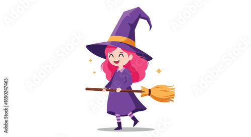 Happy little witch with pink hair flying on her magical wooden broomstick wearing a purple dress and tall pointed sorceress hat.