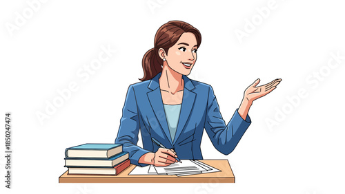 Woman in blue jacket at desk with books and papers
