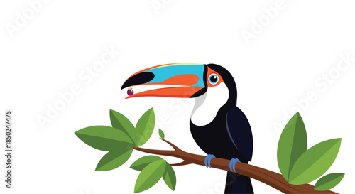 Vibrant toucan bird with a large colorful beak perched on a leafy tree branch while holding a small red berry in its tropical home.