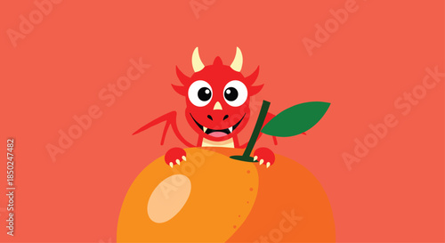 Playful little red dragon with small wings and horns peeking from behind a giant ripe orange fruit against a solid red background.