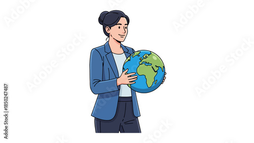 Woman in blue suit holding globe