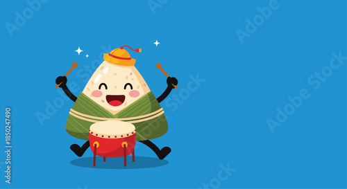 Happy zongzi rice dumpling character playing a red drum during the traditional dragon boat festival celebration event in China.