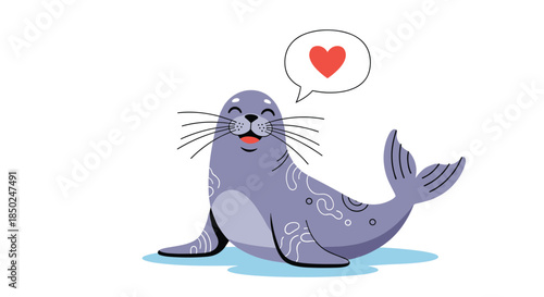 Smiling purple seal character with patterns on its skin looking up at a red heart in a speech bubble to show love and affection.